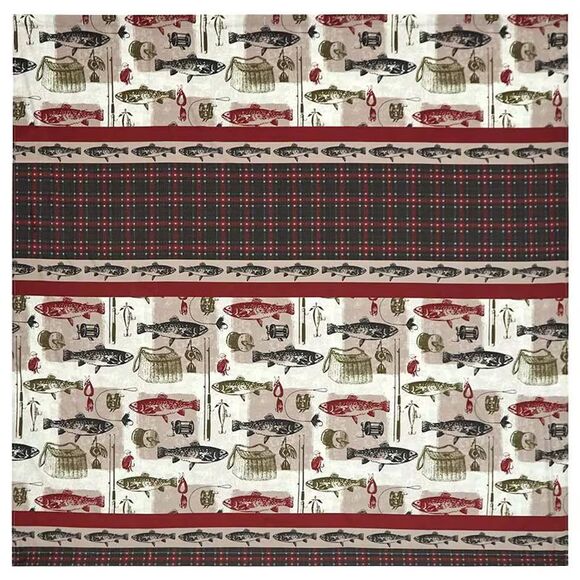 Mossy Oak Ghillie Shower Curtain Fish Motif Red Green Plaid Lake House Vibe NEW - Picture 2 of 3